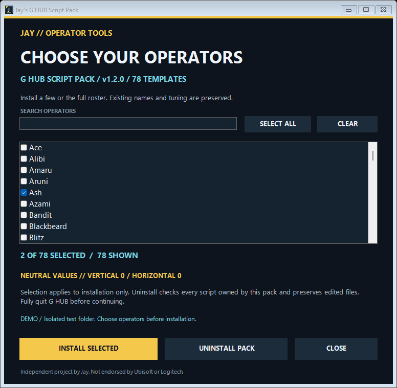 The Windows installer showing operator checkboxes, search, and Install selected.