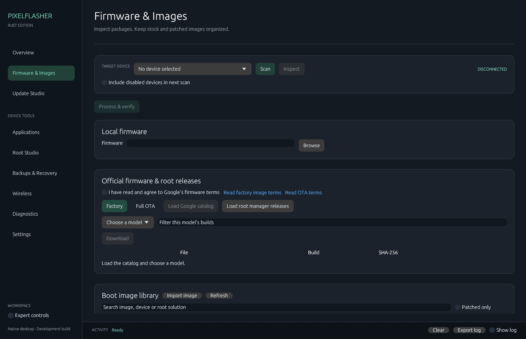 Firmware and Images, with Factory and Full OTA catalog controls