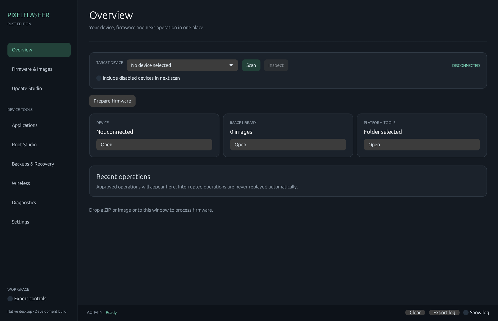 PixelFlasher Rust Edition overview, with the device bar, Scan, and status cards
